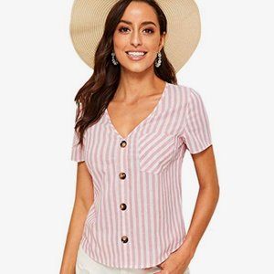 Romwe Summer Casual Striped Short Sleeve V Neck Blouse Pink Small NWOT